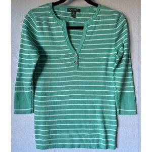 Lauren Ralph Lauren Ribbed Knit Striped Henley Top Women Small Green 100% Cotton